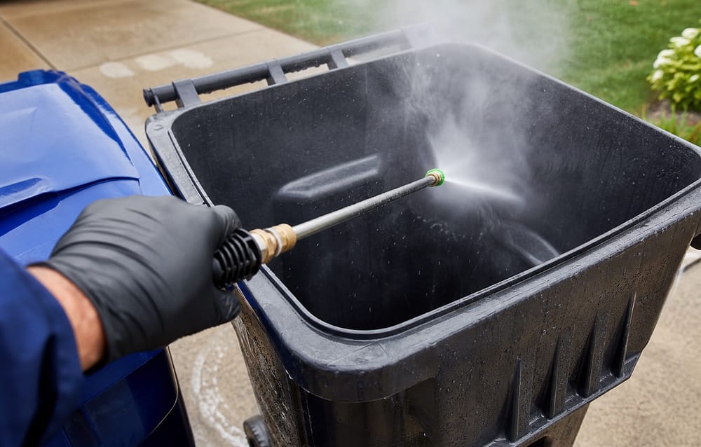 Trash bin sanitation service cleaning a residential bin